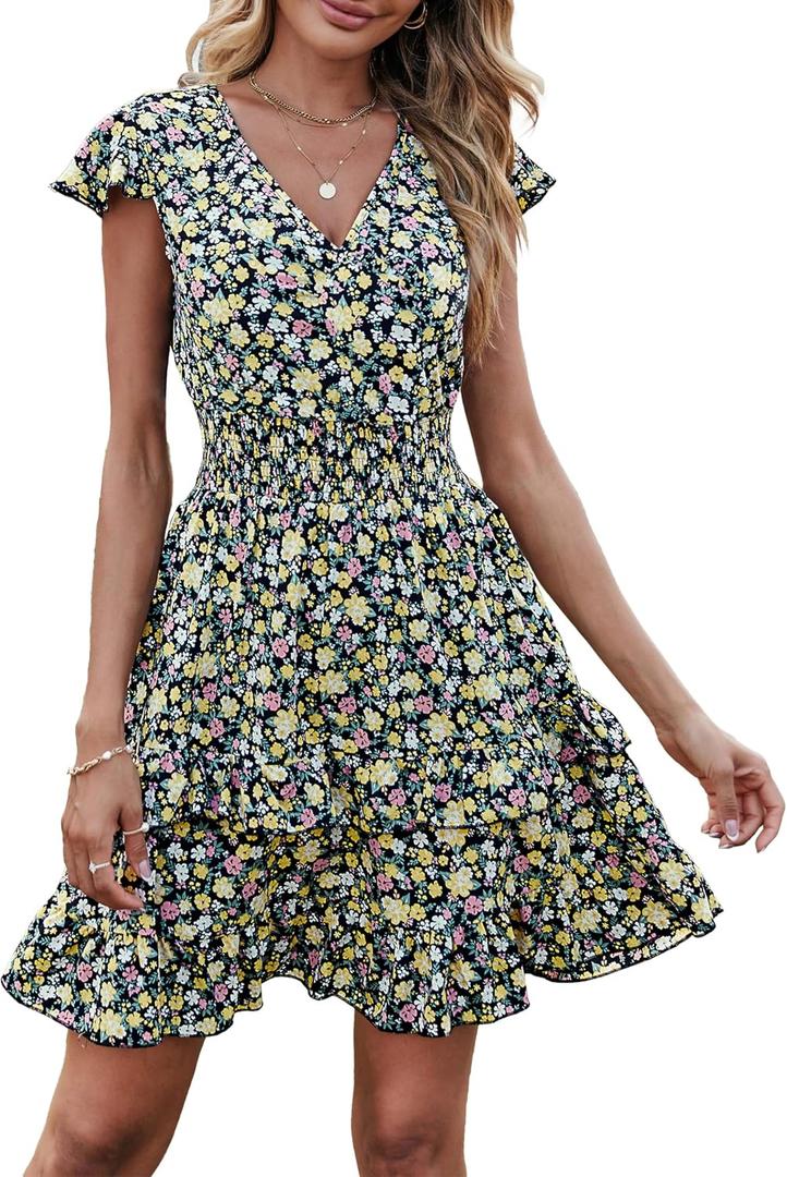 PRETTYGARDEN Womens Summer Dresses Boho V Neck Floral Print Ruffle Sleeve Layered Mini Dress Cute Smocked Waist Short Dress, S