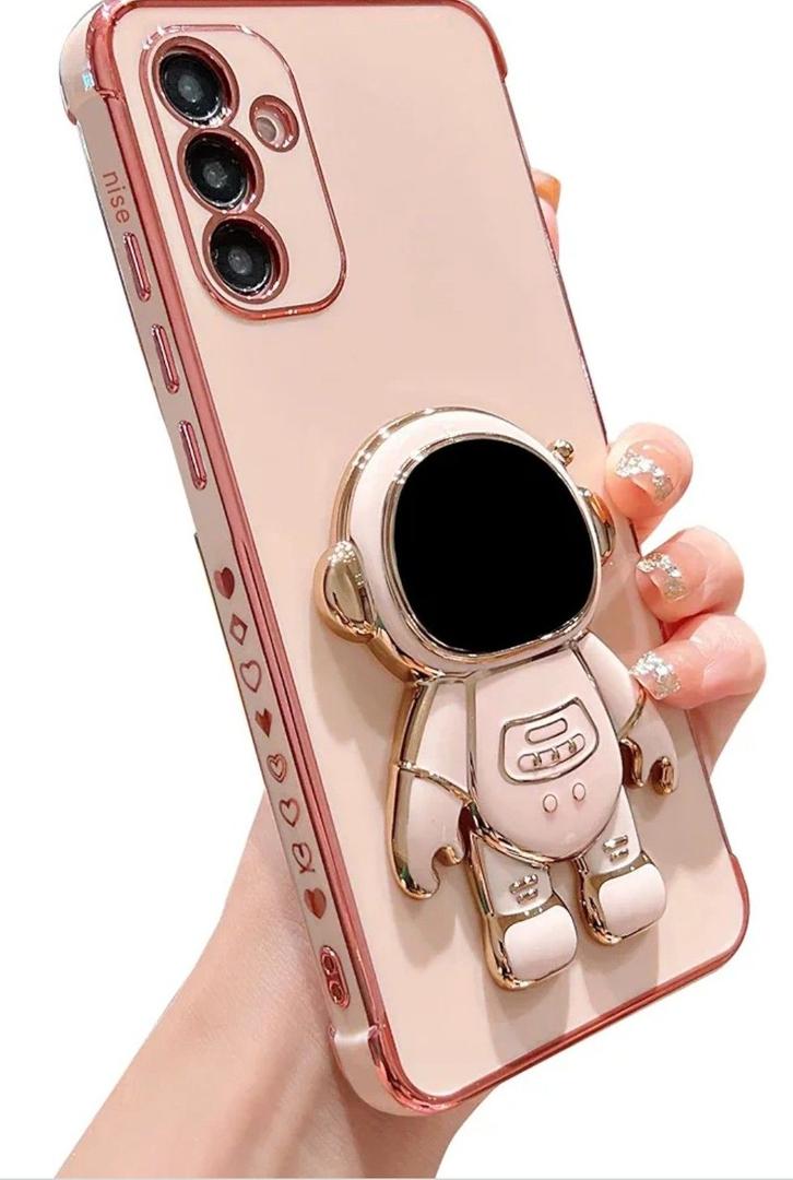 phylla for Samsung Galaxy A54 5G 6.6” Phone Case with Luxury Plating Cute Cartoon Astronaut Stand Holder Case with Side Cute Small Heart Pattern Soft Shockproof Kickstand Bumper Cover (Pink)