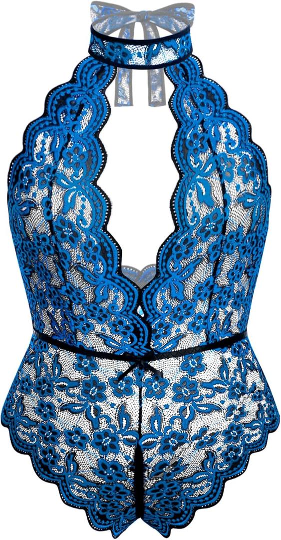 Avidlove Plus Size Lingerie for Women Lace Bodysuit Halter Teddy Babydoll Nightgown 16-24 Plus (Black&blue1) 18W