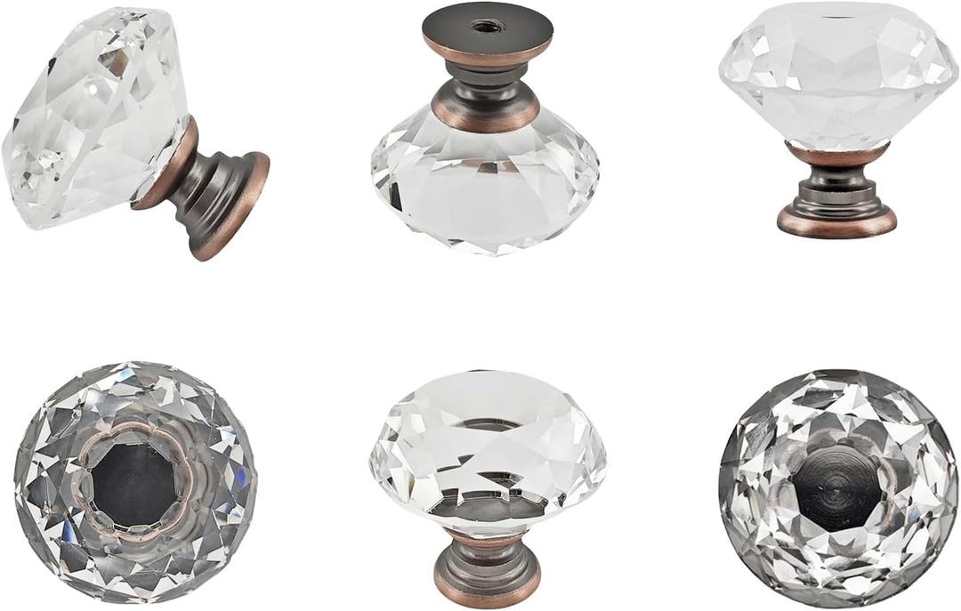 6 Pack Clear Crystal Cabinet Knobs 1.2" Diamond Glass Handles, ORB Kitchen Cabinet Pulls for Dresser Drawer, Decorative of Bathroom Furniture Hardware (Oil Rubbed Bronze Base, Small)