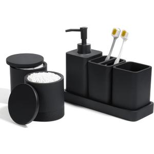 Bathroom Accessories Set, 6 Piece Bathroom Set with Toothbrush Holders, Soap Dispenser, Vanity Tray, Tumbler, Cotton Swab Jars, Bathroom OrganizerBathroom Sink Sets, Matte Black