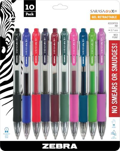 Zebra Pen Sarasa Dry X20 Retractable Gel Pens, 0.7mm Medium Point, Assorted Ink Colors with Rapid Fast Dry Ink Technology, Ideal for the Left Handed, Elimates Smearing in Seconds, 10-Pack (46881)