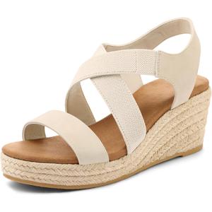 mysoft Women's Platform Espadrille Wedge Sandals Open Toe Elastic Ankle Strap Crisscross Slip on Summer Shoes (6, Beige Pu)
