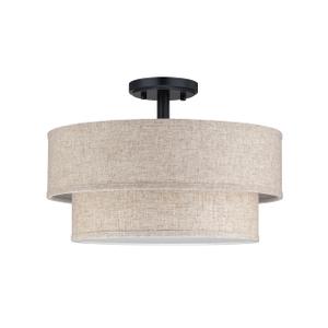 2-Tier 15" Linen Drum Fabric 3 Light Farmhouse Black Semi Flush Mount Light