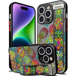 Compatible for iPhone 14 Pro Max Case Cute with Strap Stand Finger Kickstand, Designer Cool Silicone Cases Funda Cover - Green Pineapples Fruit