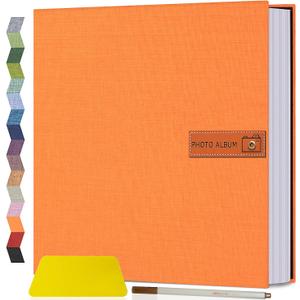 Popotop Large Photo Album Self Adhesive 4x6 5x7 8x10 Scrapbook Album DIY Picture Book,Gifts for Mom,Family Baby and Wedding,with Metal Pen and Plastic Board (Orange)