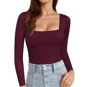 MANGOPOP Womens Square Neck T Shirts Long Sleeve Short Sleeve Tops Fitted Tees.Large