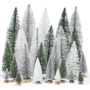 Geetery 25 Pcs Mini Christmas Trees, Artificial Bottle Brush Trees with Wooden Base, Christmas Village Sisal Snow Tree for Xmas Tabletop Home Winter Decor, 5sizes (Dark Green,Silver,White)