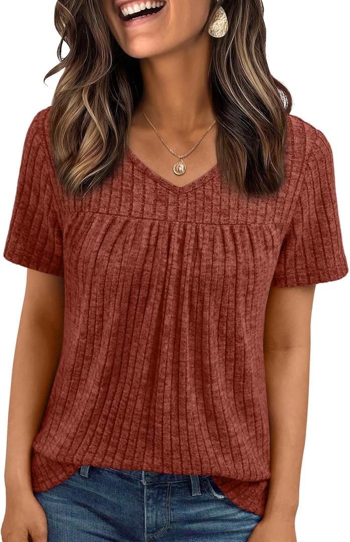 AUTOMET Womens Summer V Neck Babydoll Tops Short Sleeve Shirts | Trendy Summer Office Business Blouses (S)