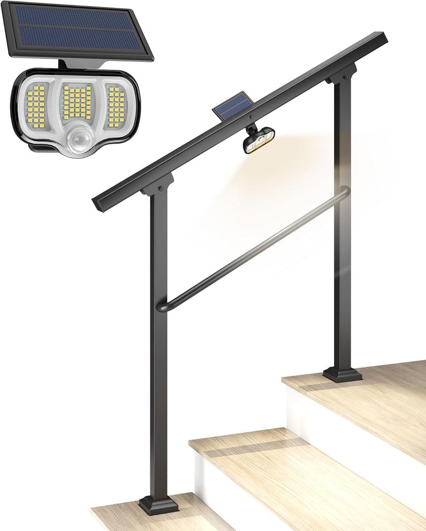 Hand Rails for Outdoor Steps, 3 Step Handrail with Solar Deck Lights, Stair Railing Indoor, Hand Rails for Indoor Stairs, Handrails for Outdoor Steps for Porch/Deck, Black (3 Step with solar light, Matte Black)