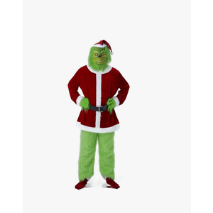 QwayHome Christmas Green Costume for Adult, 7Pcs Deluxe Green Santa Cosplay Furry Suit with Mask for Men Women XL