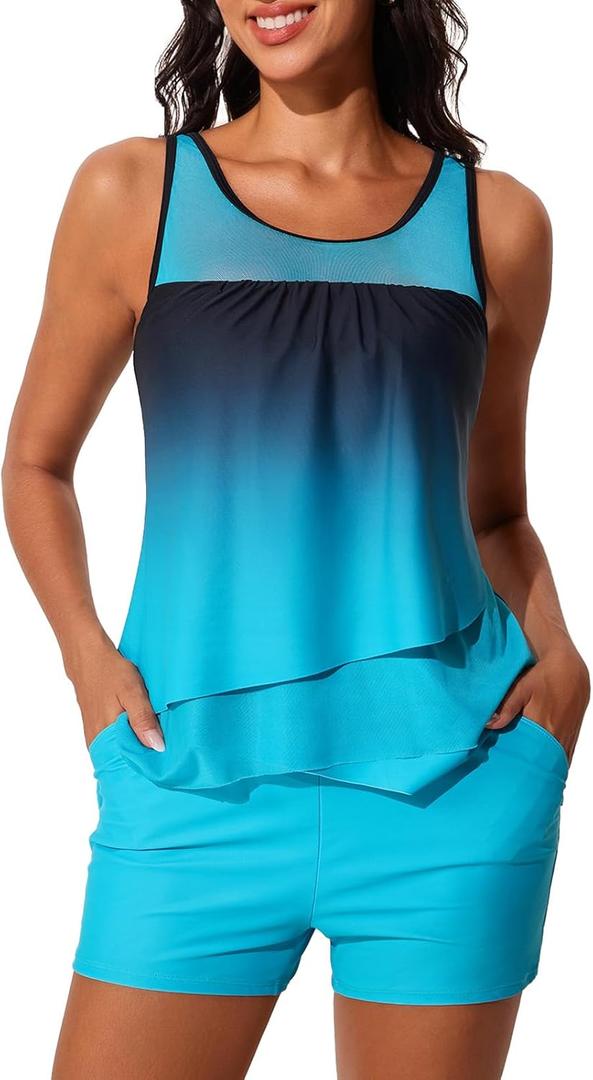 Summer Mae Womens Mesh Tankini Swimsuit Layered Bathing Suit Ruffle Two Piece Tummy Control Swimwear with Sporty Pockets Shorts Black and Blue Gradient, Size: 12