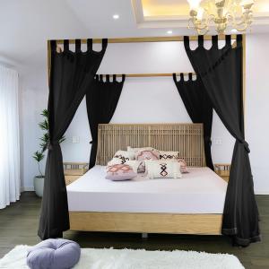 Linentalks Black Canopy Bed Curtains - 8 Panels Set with Tiebacks, Easy Open & Close Tabs, Quick Install for 4 Poster Bed or Queen Bed Frames, Romantic Touch for Bedrooms, Canopy Bed Curtains Queen