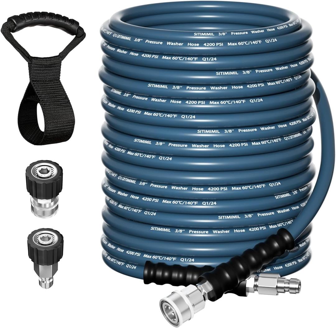 3/8'' Pressure Washer Hose 100FT - Kink Resistant Steel Wire Braided, Wear Resistant, 3/8" Stainless Steel Quick Connect, with M22 14mm Adapter Set, Hot and Cold Water Power Washer Hose, 4200 PSI (Blue)