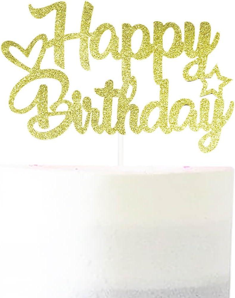 Gold Glitter "Happy Birthday" Cake Topper - Glitter Paper & Stick - Ready to Use