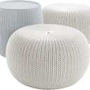 Keter Urban Knit Pouf Ottoman Set of 2 with Storage Table for Patio and Room Dcor - Perfect for Balcony, Deck, and Outdoor Seating, Grey & White