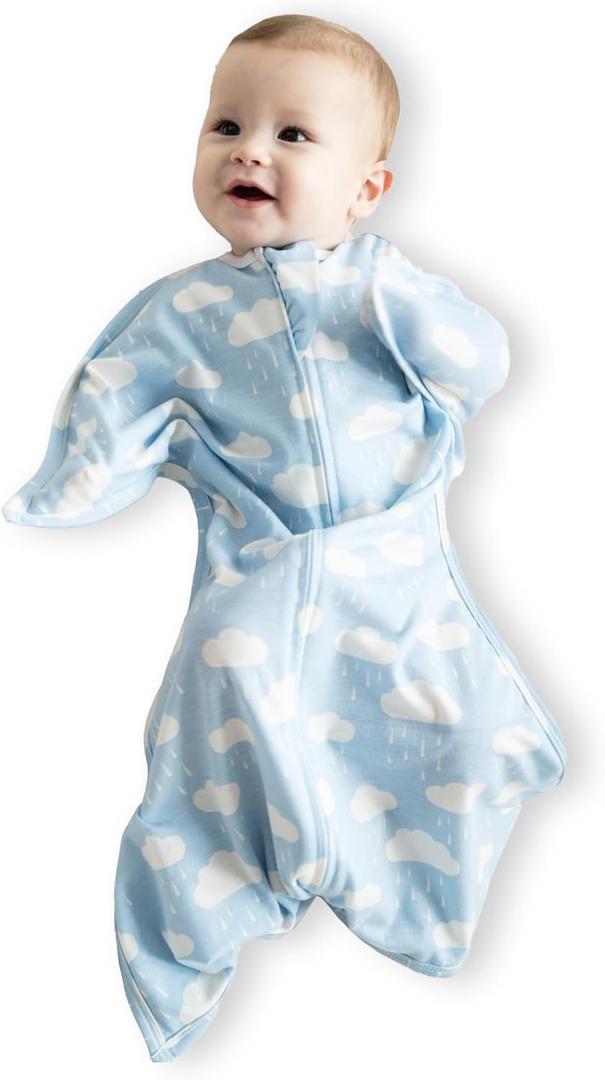 SleepingBaby Zipadee-Zip Transition Swaddle - Cozy Baby Swaddle Blanket with Zipper Convenience - Roomy Wearable Blanket for Easy Diaper Changes - Spring Showers Blue, Small (4-8 Month)