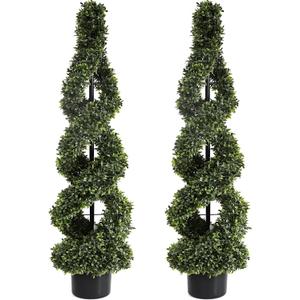46Inch Double Spiral Artificial Boxwood Topiary Tree 4" Plants Fake Faux Plant Decor in Plastic Pot Green Indoor or Outdoor, Set of 2