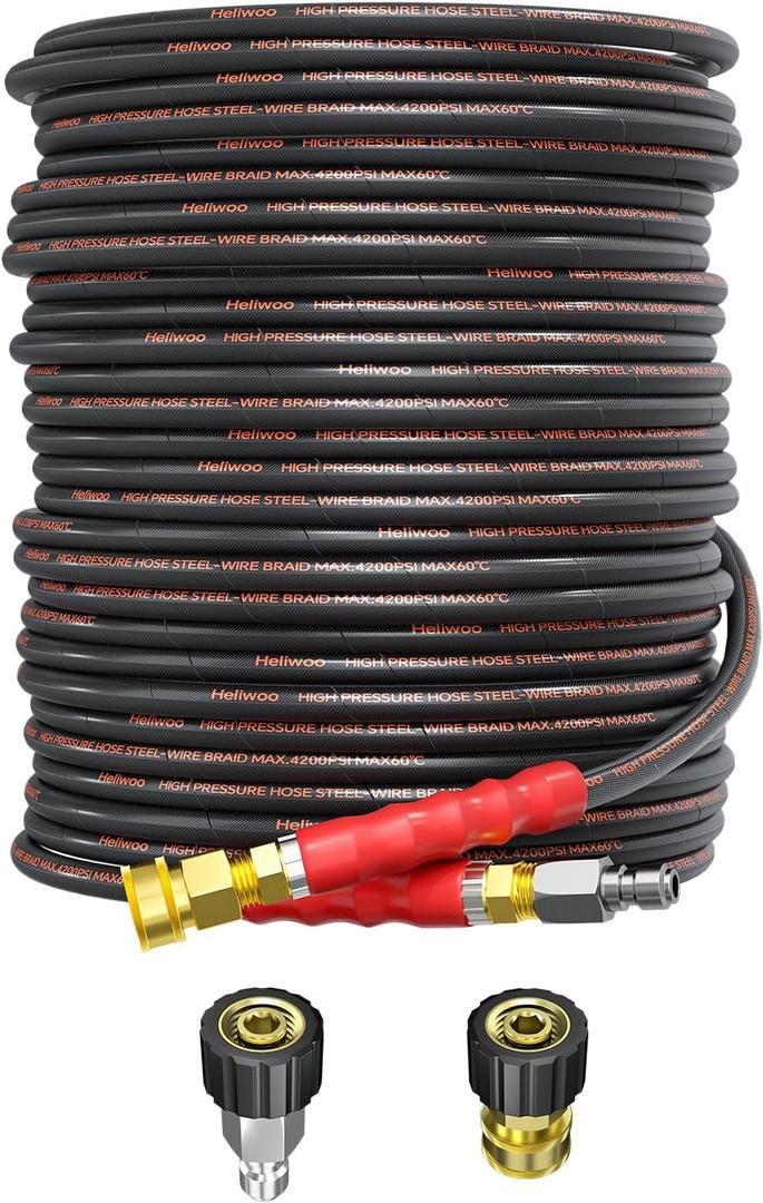 Pressure Washer Hose 100FT 1/4" for Cold & Hot Water (Up to 140) 4200 PSI Kink Resistant Industrial Grade Steel Wire Braided QC Ends with 3/8" Adapters for Professional and Home
