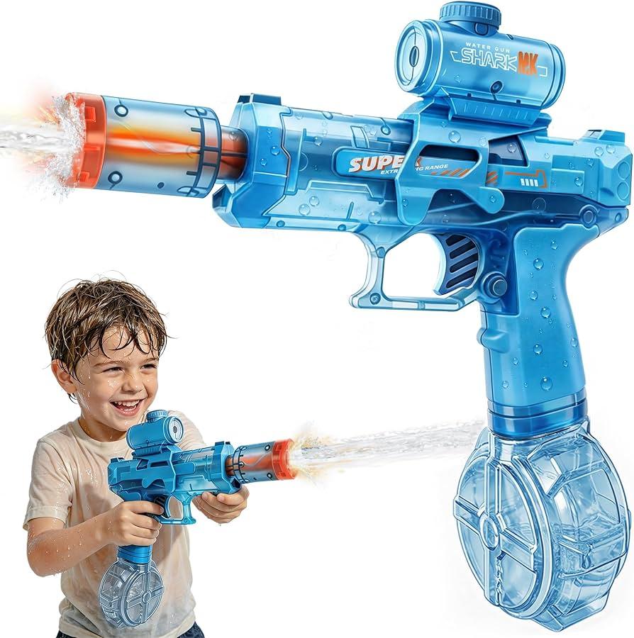 Electric Water Gun for Kids & Adults-Automatic Squirt Gun with 32FT Long Range, 400ML Large Tank, Rechargeable Battery, LED Light Effect for Summer Outdoor Pool Beach Backyard-Light Blue