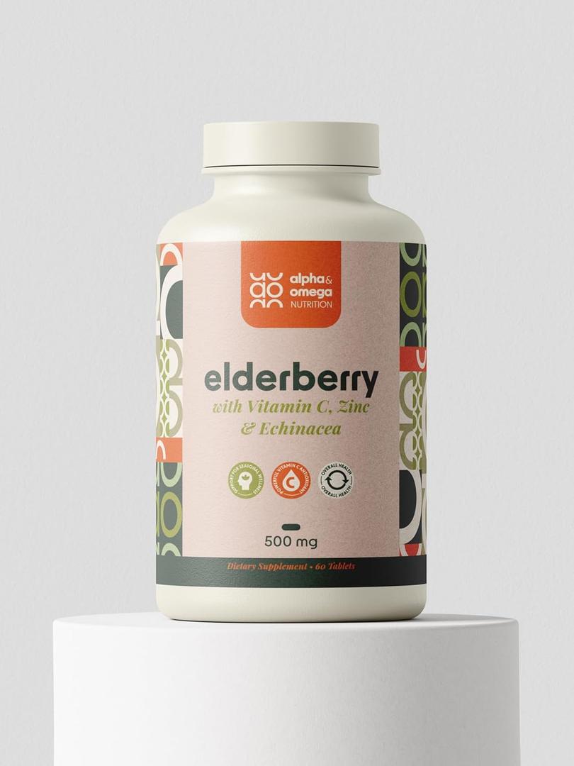 3 x Alpha & Omega Nutrition Elderberry 500mg, with Vitamin C, Zinc and Echinacea, Supports Health Immune System, Antioxidant Protection, Non GMO, 60 Tablets, 2 Month Supply