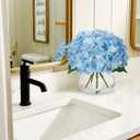Hollyone Hydrangea Artificial Flowers with Vase Blue Silk Fake Flowers Arrangements in Glass Vase with Faux Water Faux Floral Bulk Bouquet for Home Decor Bathroom Table Centerpiece Shelf Decorations