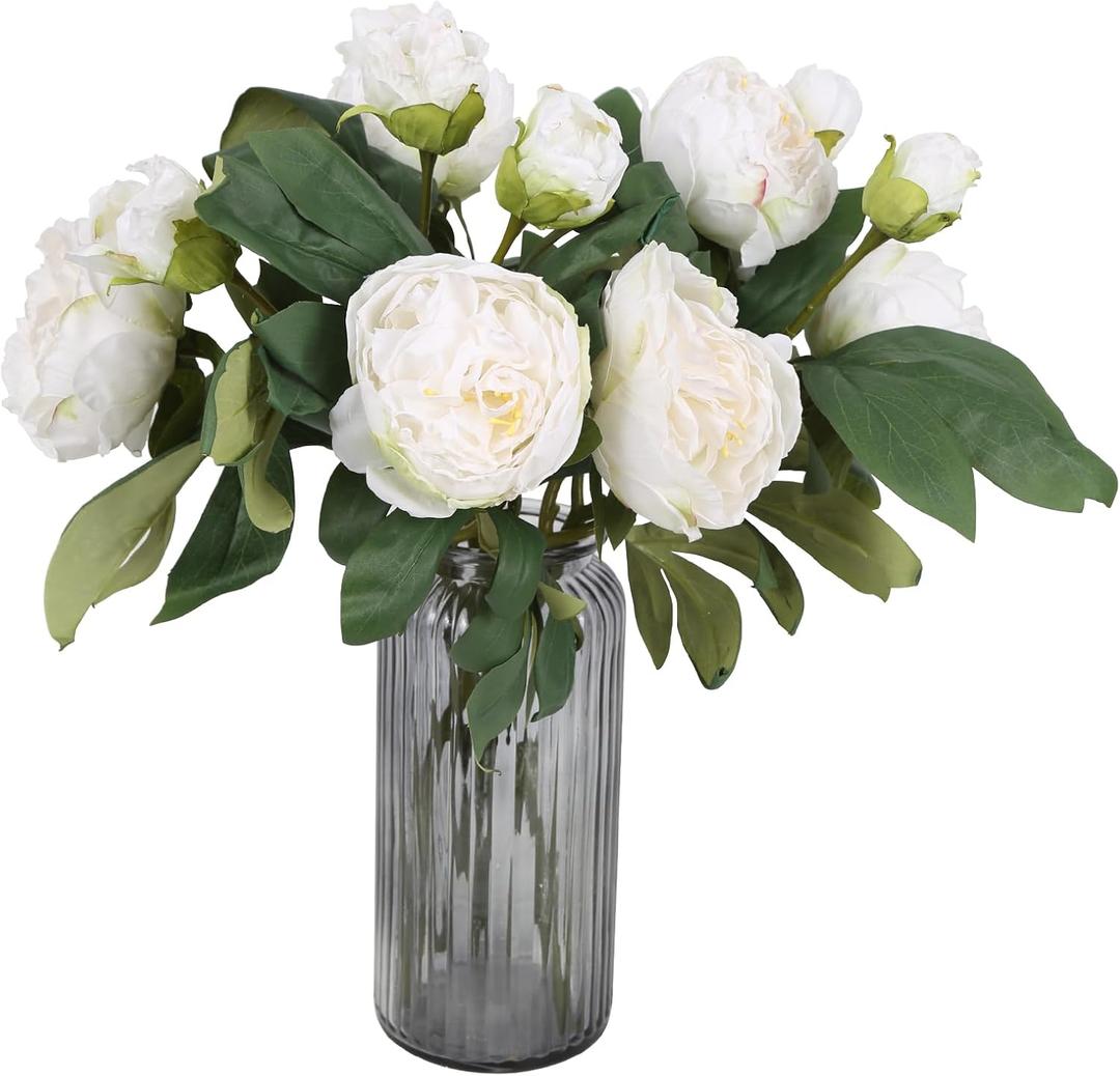 IPOPU Silk White Flowers Artificial Peonies 5PCS 10heads Vintage Fake Peonies Silk Peonies with Stems Real Look for Spring Decorations Floral Arrangements Home Table Centerpiece (White)