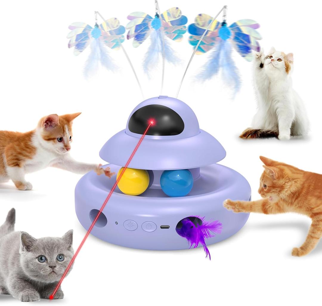 MOHAYA Cat Toy,Purple 4-in-1 Interactive,Cat Toys for Bored Indoor Adult Cats,Electric Flying Butterfly,Rechargeable Automatic Toy,Moving Ambush Feather,Track Balls