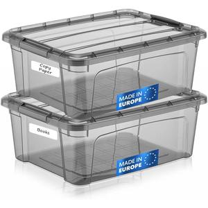 Tribello 12.5 Quart Storage Bins with Lids, Plastic Storage Containers with Latching Lids For Organizing - Tinted - (15.5 x 12 x 6) - Set of 2 - Made in EU