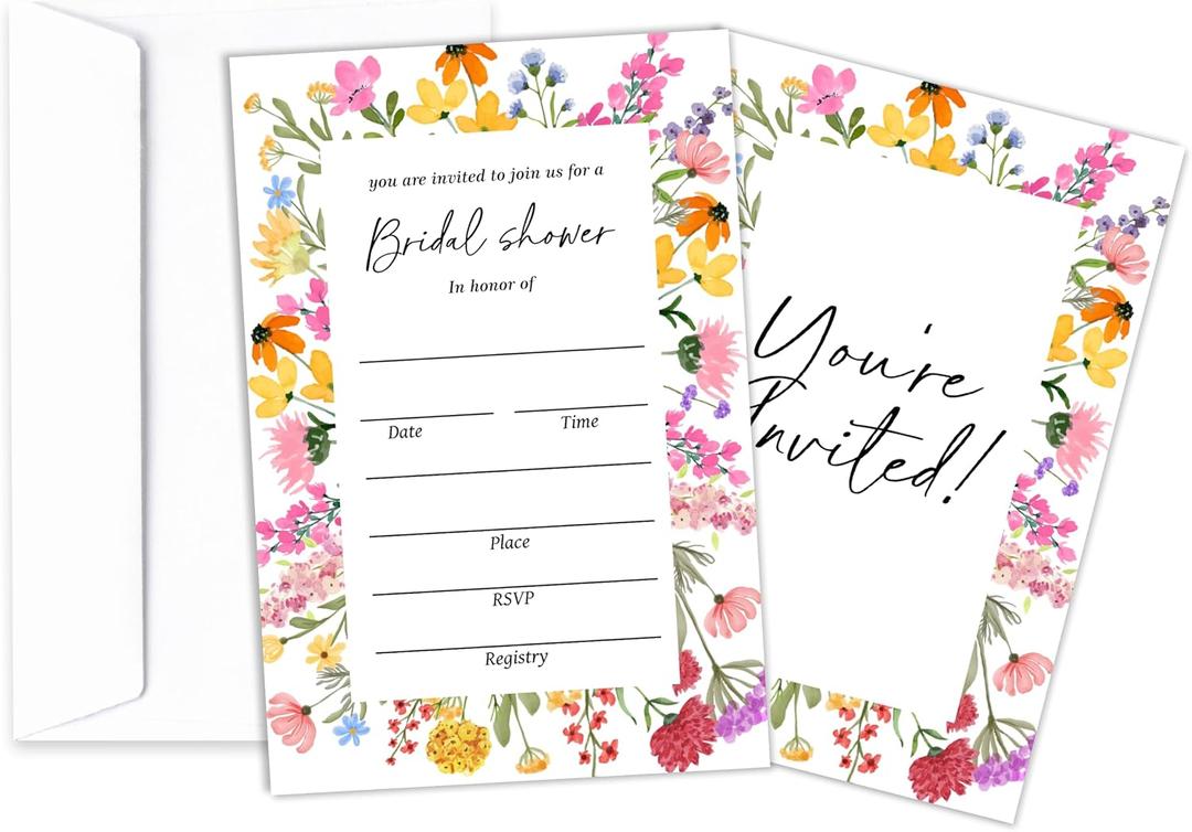 Bridal Shower Invitations, Wildflower Wedding Shower Invitation, 25 Invites With Envelopes For Newlyweds, Mr And Mrs, Engagement, Wedding Party Supplies Favor Decorations -A04