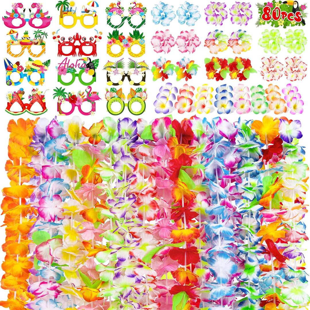 80PCS Hawaiian Luau Leis Party Photo Booth Props Decorations Supplies Set: Tropical Tiki Flowers Necklaces + Paper Glasses + Bracelets + Hair Clips Bulk Summer Pool Birthday Decor Favors