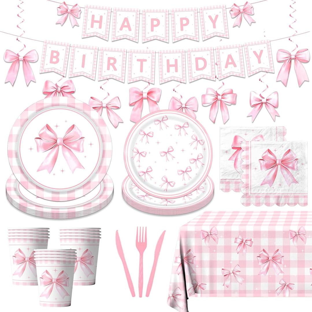Coquette Birthday Decorations-178Pcs Pink Bow Plates and Napkins Kit Girls Birthday Party Supplies,Pink Bow Theme Tableware Serves 24