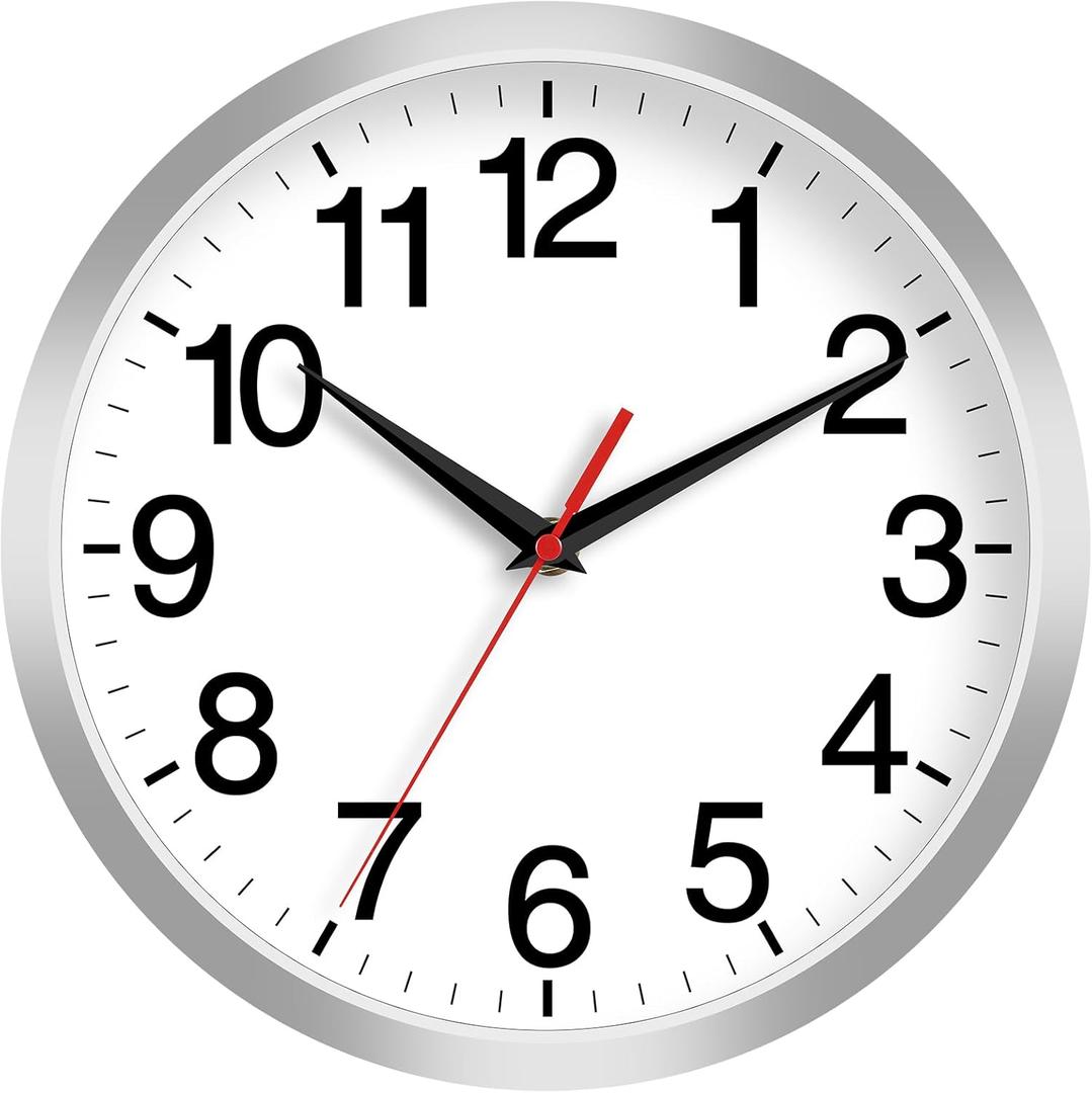 14 Inch Wall Clock Modern Battery Operated Silent Non Ticking Analog Clock Decorative for Bedroom Kitchen Bathroom Office Home Living Room (Silver)