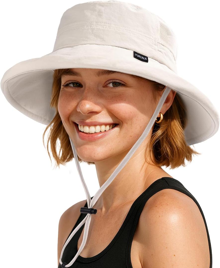 FURTALK Wide Brim Sun Hat with Ponytail Hole for Women UPF 80+ UV Protection Packable Bucket Hiking Travel Outdoor Hat (Medium-Large, Beige)