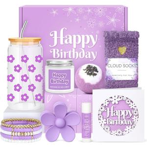 Birthday Gifts for Teen Girls, Women, Teenage Girl Birthday Gift Sets for Teen Girls Tween Gifts for Teenage Girl Cute Daisy Aesthetic Glass Cup Gift Basket for Teens, Women, Her, Sister, Friend (Purple)