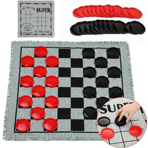 Giant Checkers Board Game Set, 3 in 1 Tic Tac Toe Board Draughts Reversible Rug Game for Kids & Adults, Big Checker Floor Game Mat, Indoor Outdoor Yard Game for Family Camping Party