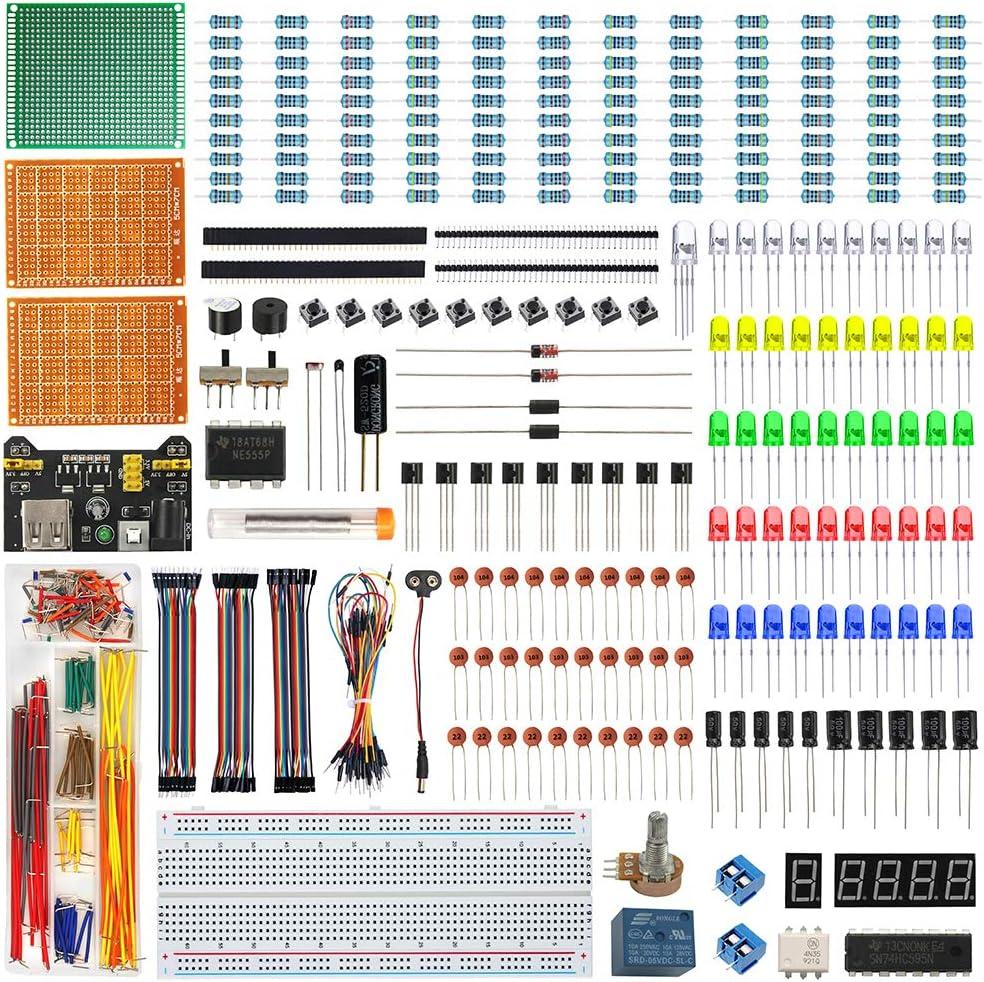 Electronics Component Fun Kit w/E-Book, Upgraded Electronic Starter Kit with Breadboard Jumper Wires Kit, PCB Soldering Kit, LEDs & Resisitor Kit for Arduino/for Raspberry pi/ESP32/ESP8266