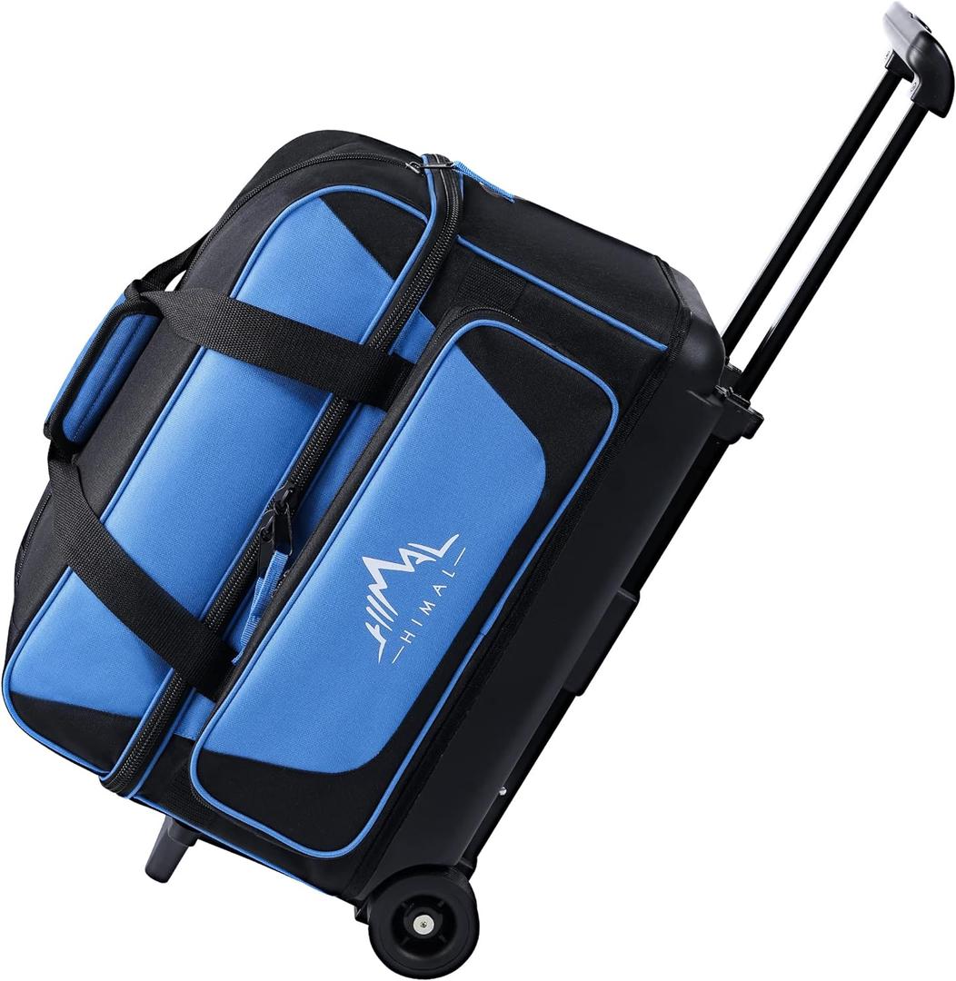 Double Roller 2 Ball Bowling Bag with Separate Shoe Compartment for Bowling Shoes (Up To US Men's Size 15) and Oversized Accessory Pocket, Retractable Handle - Extends to 40" (Black-Blue)
