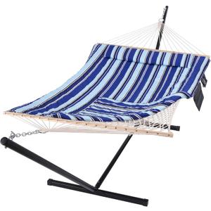 SUNCREAT Double Hammock with Stand, Two Person Cotton Rope Hammock, Blue Stripe