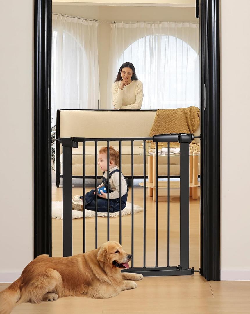 29"-57" Baby and Pet Safety Gate, 30" Tall Metal Walk-Thru Gate for Doorways & Stairs, Easy One-Hand Open, Dual Lock (Black, 29" W x 30.5H)