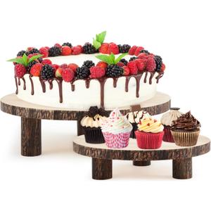 Roowest 2 Sets Wood Cake Stand, 9'' and 10'' Rustic Wooden Slice Boards Round Cake Holder for Party Wedding Birthday Event Farmhouse Dining Room Table Decor Centerpieces Home Decorations