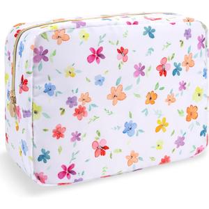 Nylon Large Floral Makeup Organizer Bag, Preppy Big Cute Flower Cosmetic Zipper Pouch Multi-compartment with Dividers, Waterproof Toiletry Makeup Brushes Bag Travel Essentials for Women(White-Flower)