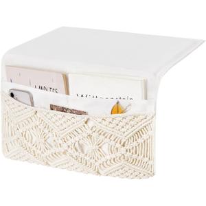 Mkono Macrame Bedside Caddy Storage Organizer Boho Remote Control Tablet Magazine Holder with 4 Pockets Non-slip Countertop Bedside Caddy for Home Bedroom Living Room College Dorm Bed, Ivory, Large