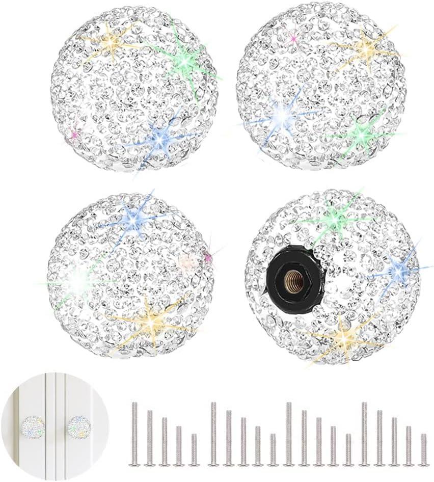 SAVORI Cabinet Knob Crystal Dresser Cupboard Drawer Wardrobe Door Knobs Bling Round Pull Handle with Screws for Home Kitchen Bathroom Office 4PCS (White)