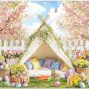 8x6ft Fabric Spring Easter Tent Backdrop Bunny Colorful Eggs Garden Flower Butterfly Fence Photography Background Kids Party Festival Party Decor Photo Props
