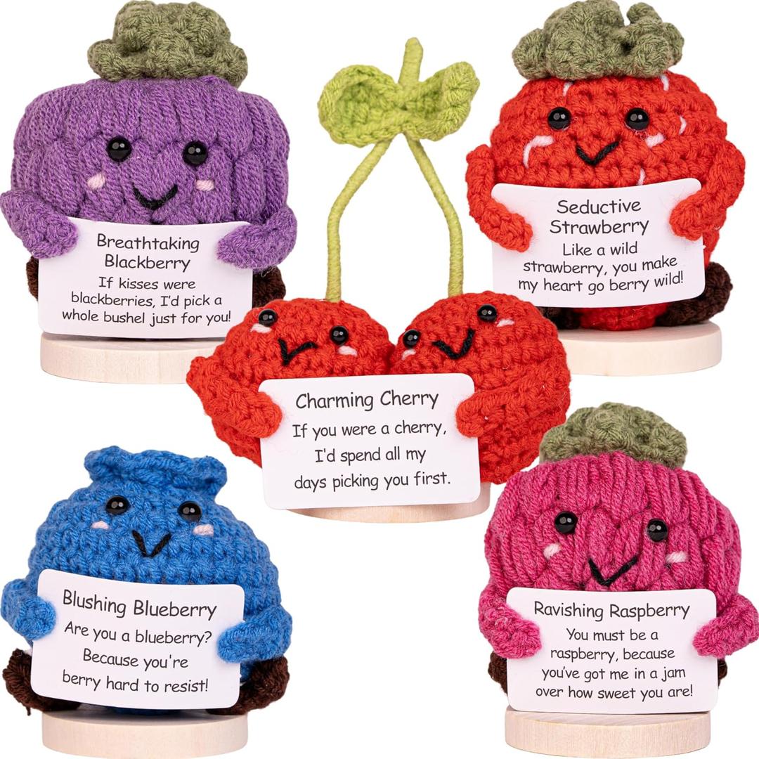Flirty Berry Pack  Crochet Stuffed Berries Bulk Variety Pack w/Stand (5 pc). Handmade Crochet Figurines Decor - Desk, Office, Coworker, Friend