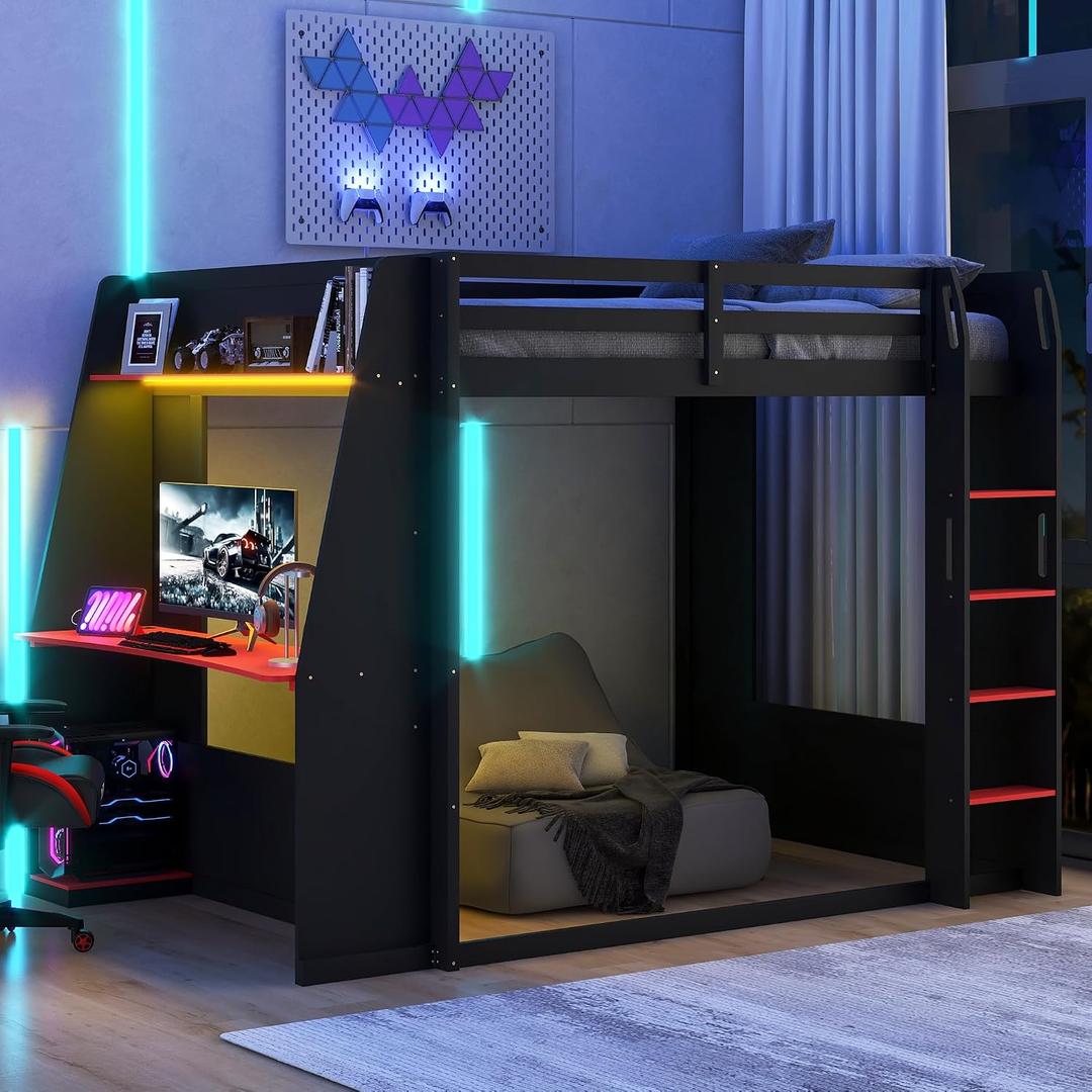 Merax Queen Over Queen Wooden Gaming Bunk Bed with Built-in Desk, LED Lights, USB Port, and 2 Storage Shelves, Solid Wood Gaming Loft Bed for for Bedroom, Black+Red