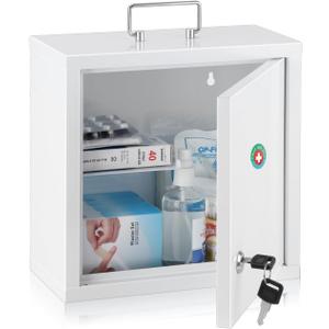 KYODOLED Locking Medicine Cabinet, Medication Lock Box with Key, Wall Mount Medical Cabinet for Safe Medication Storage, 10 * 4.7 * 10 Inch, White (Medium)