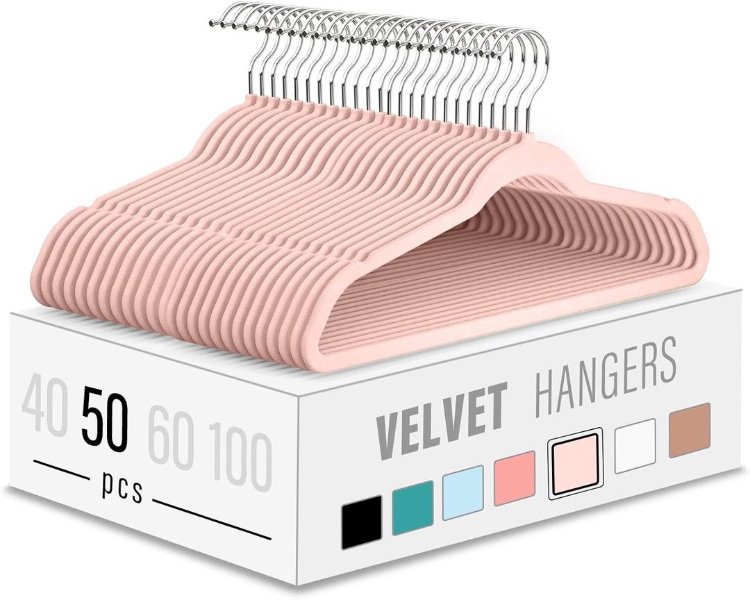 Velvet Clothes Hangers (50 Pack) Heavy Duty Durable Suit Hanger Vibrant Color Hangers Lightweight Space Saving Coat Hangers for Closet -Blush Pink (17.7inch-50pack)