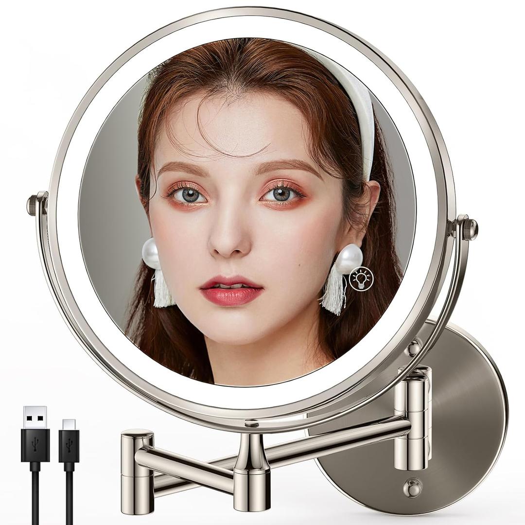 8.5 Inch Rechargeable Wall Mounted Makeup Mirror Brushed Nickel, Double Side Dual-Touch 1X/10X Magnifying Mirror with Light, 3 Color Lights 360Swivel Extendable Bathroom Mirror